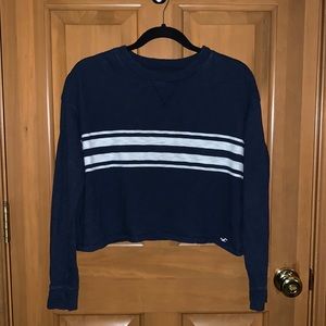 Hollister, oversized long sleeved cropped t-shirt, navy and white, size XS